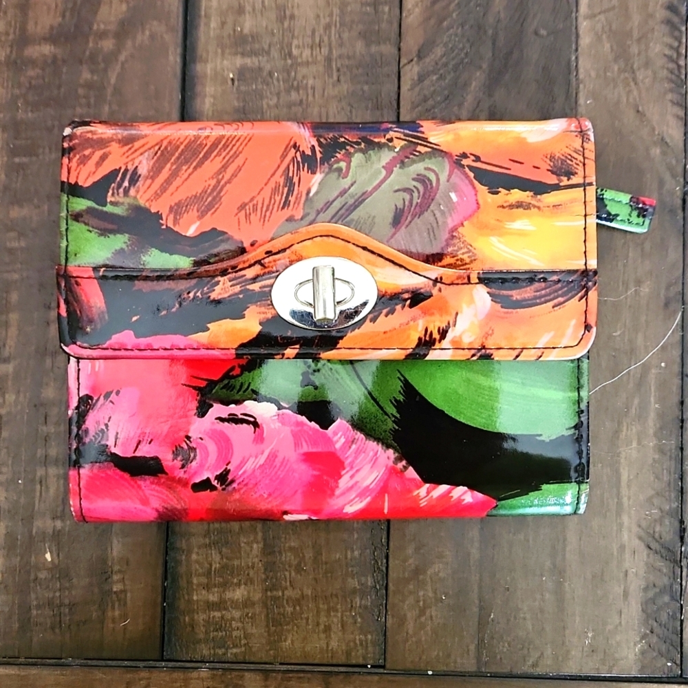 Safe Keeper Wallet with Pink and Green Floral Details Black Interior